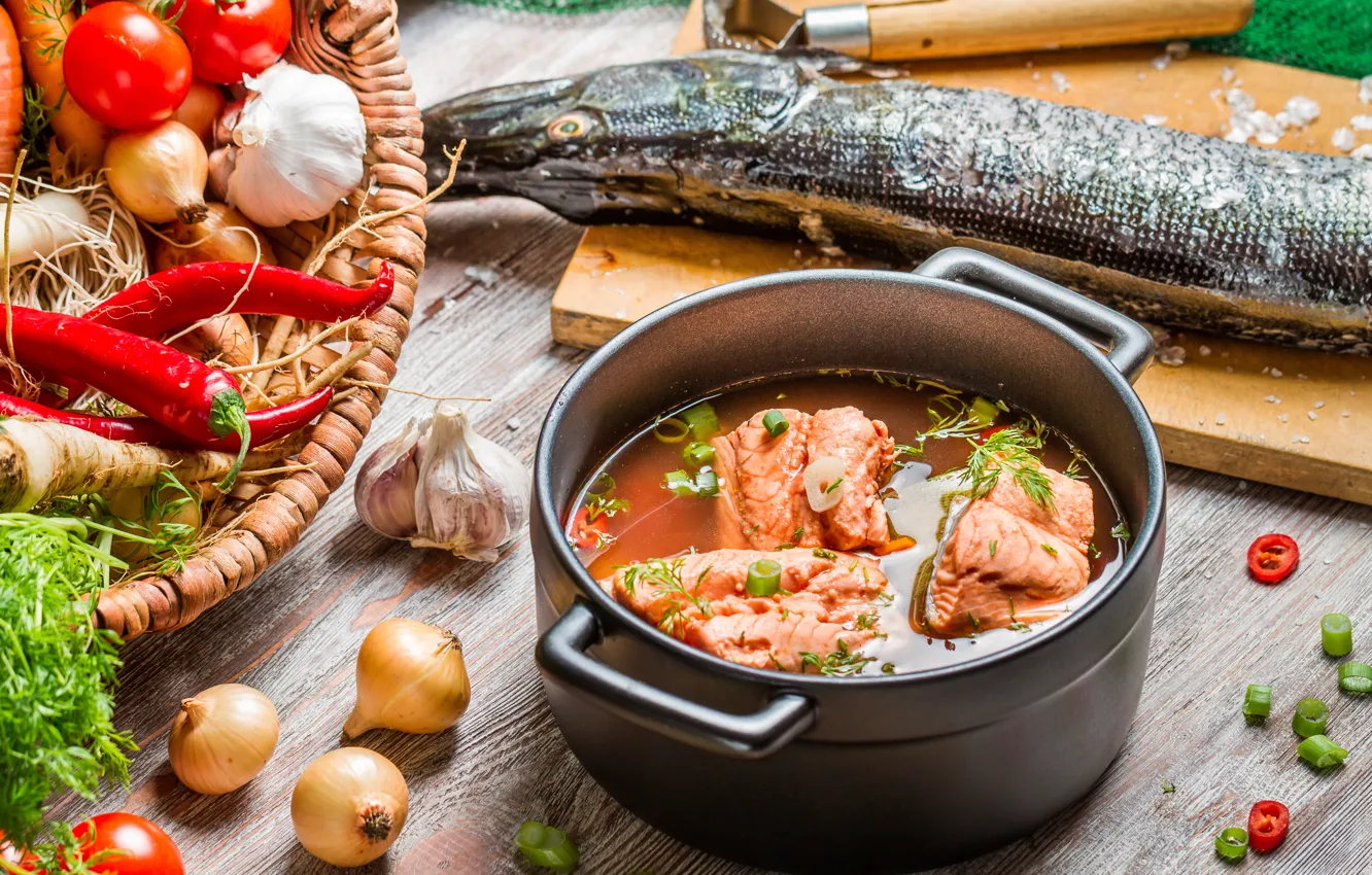 Photo wallpaper fish, ears, vegetables, fish, vegetables, pike, the first dish, the first dish