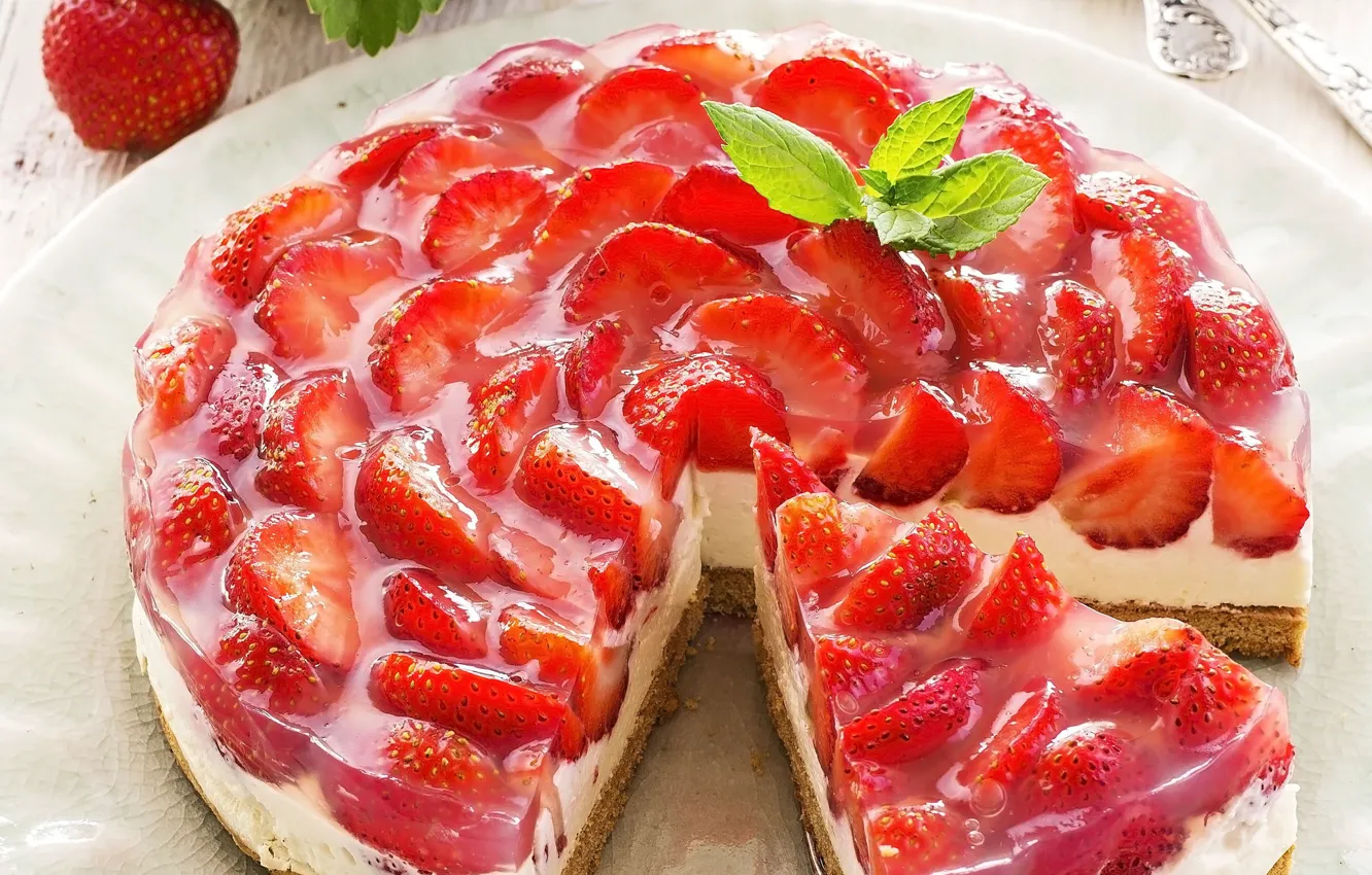 Photo wallpaper strawberry, pie, mint, jelly