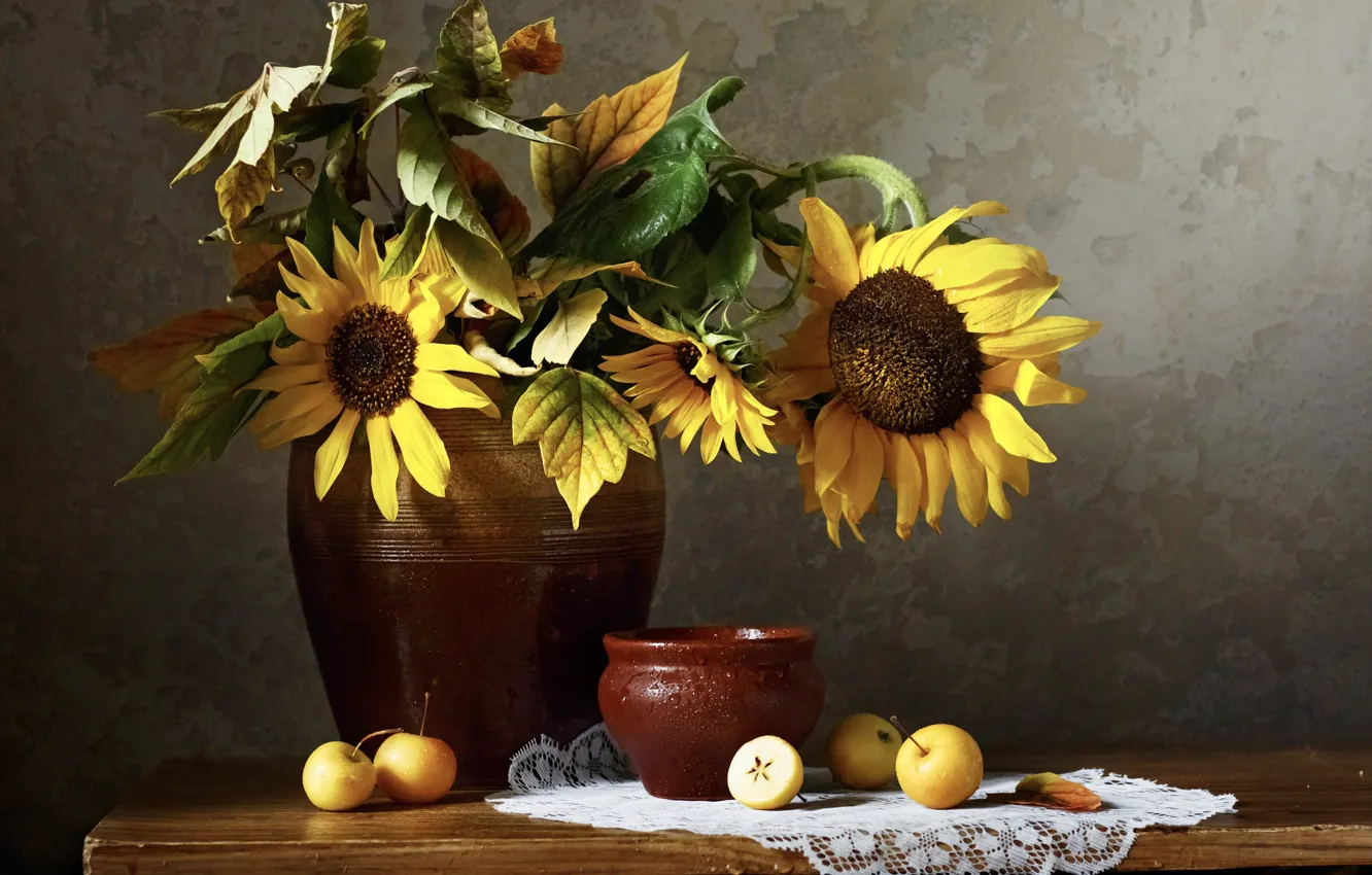 Photo wallpaper leaves, drops, sunflowers, table, apples, bouquet, pot, still life