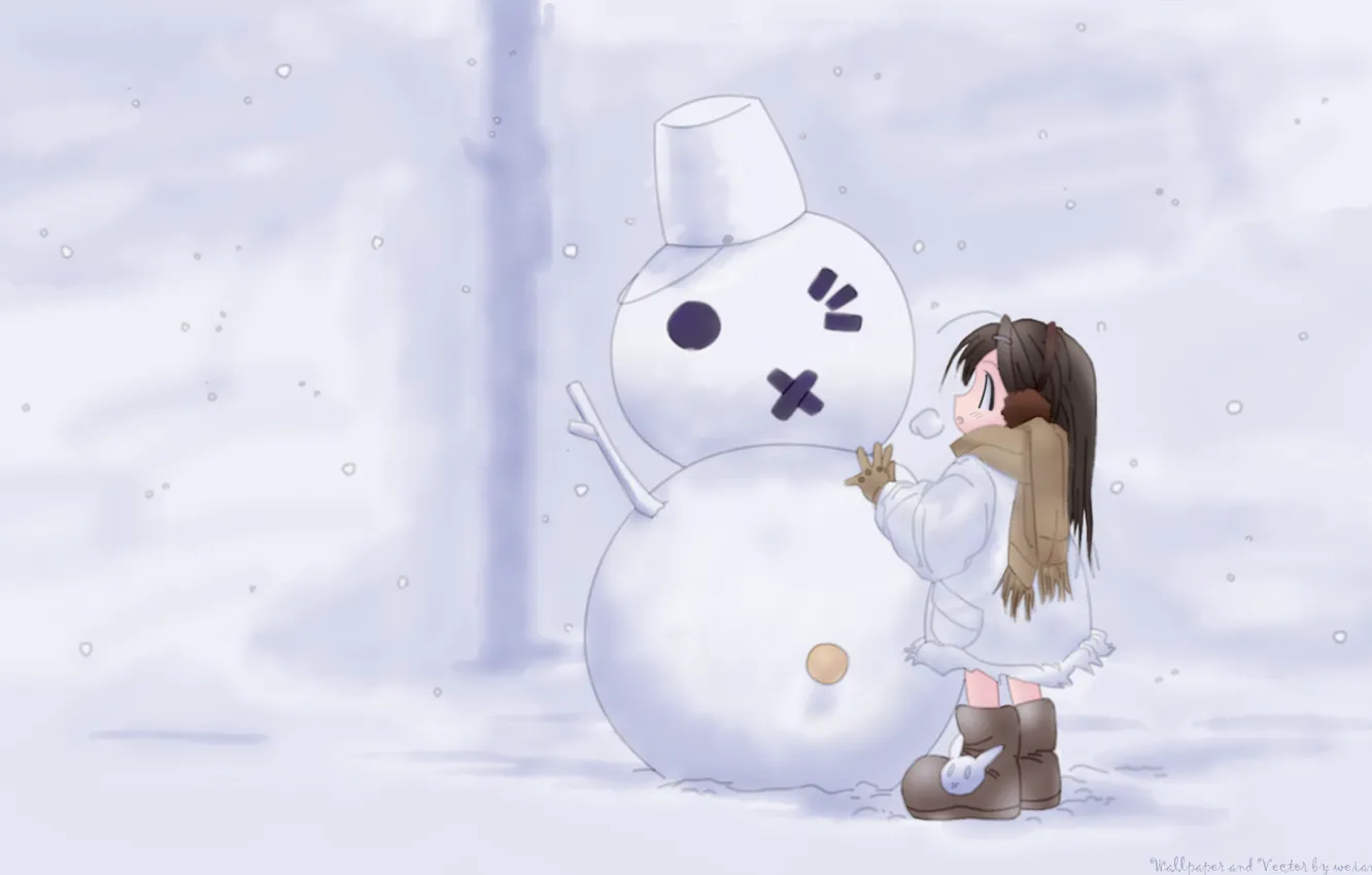 Photo wallpaper snow, girl, snowman