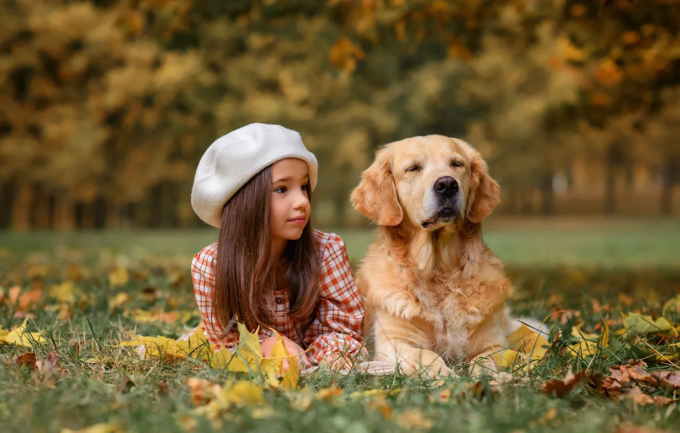 Photo wallpaper autumn, leaves, nature, Park, dog, girl, child, dog