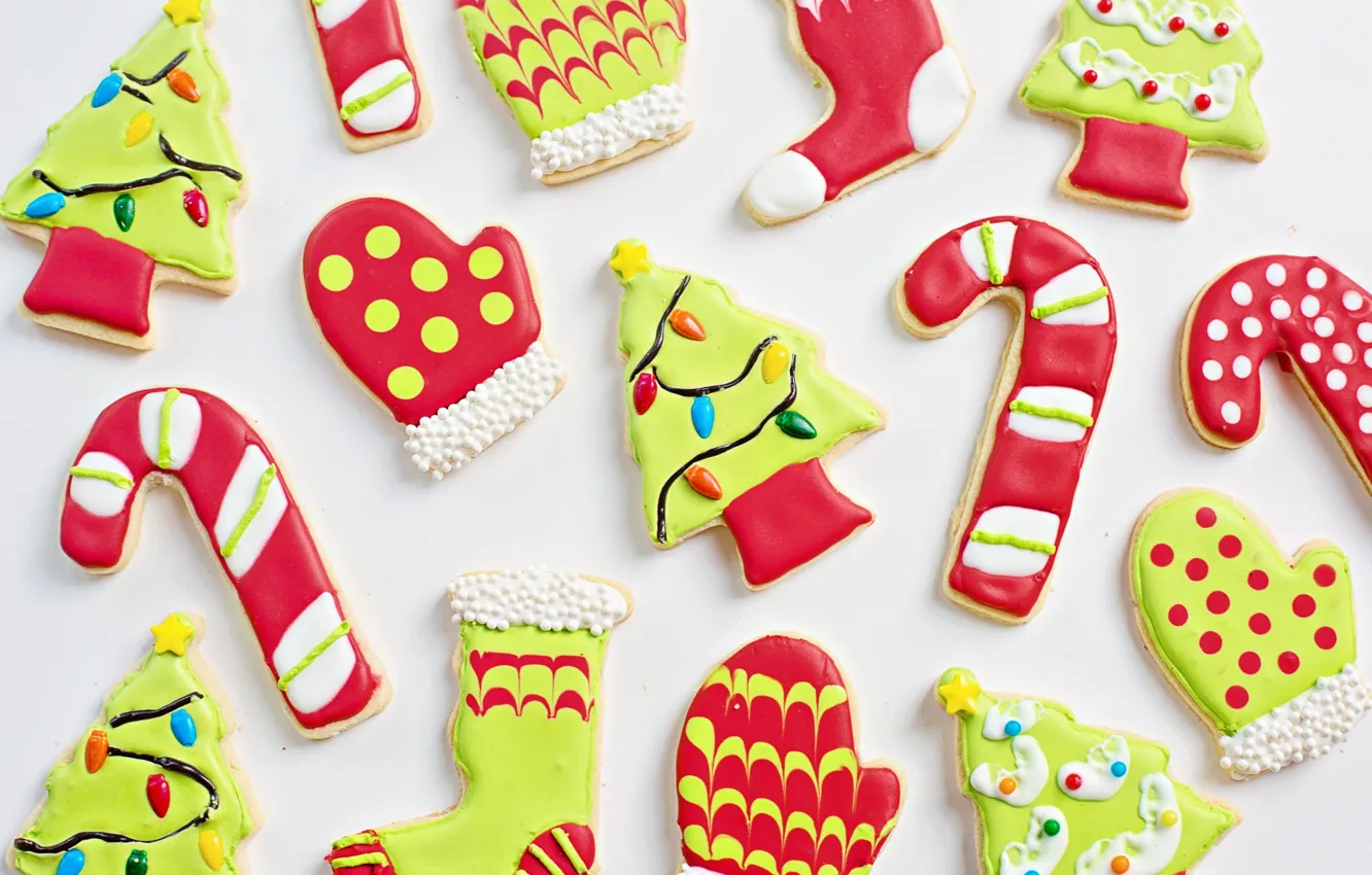 Photo wallpaper winter, holiday, toys, cookies, Christmas, white background, New year, socks