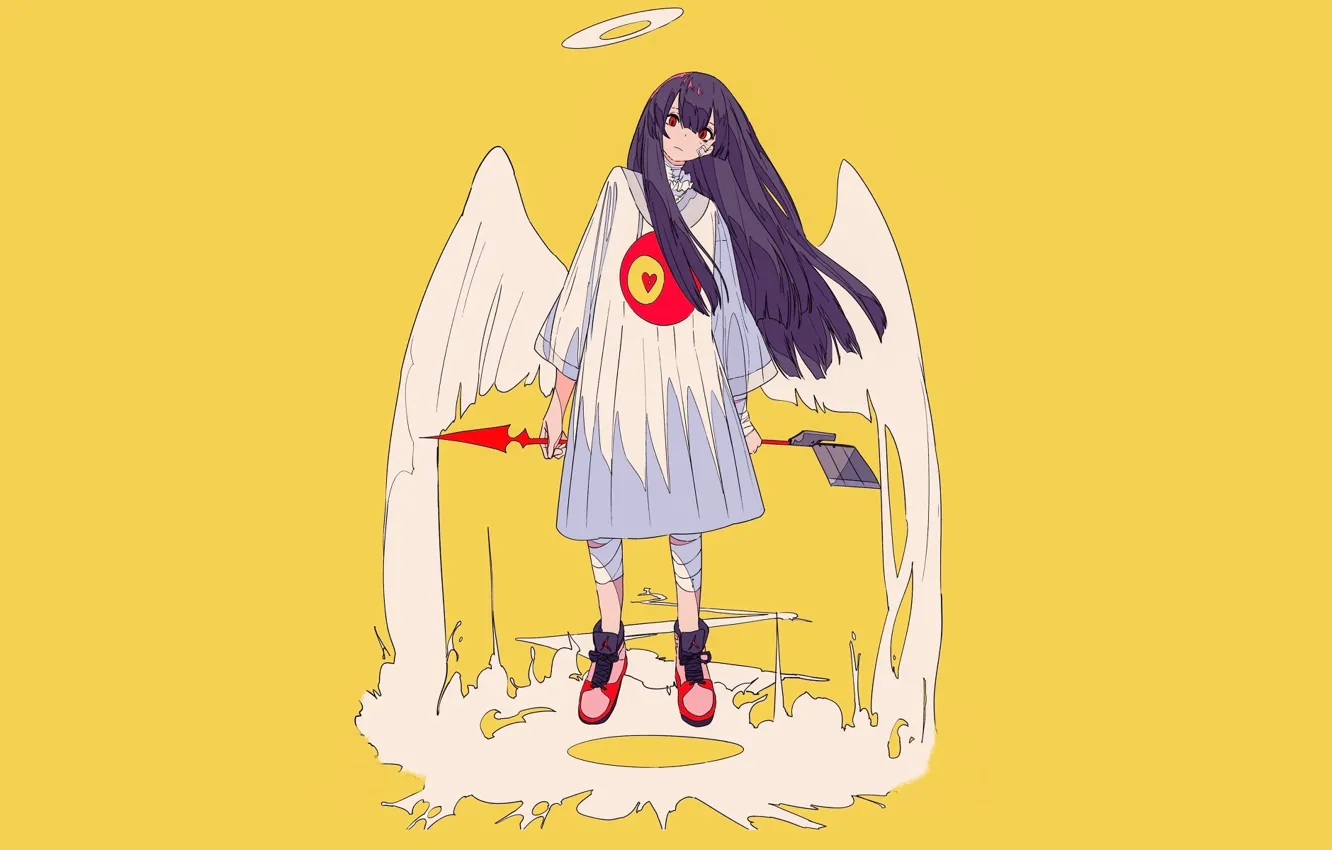 Photo wallpaper wings, angel, anime, art, girl, yellow background