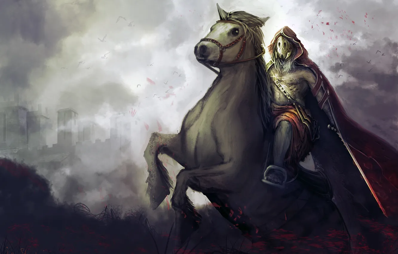 Photo wallpaper smoke, art, rider, fortress