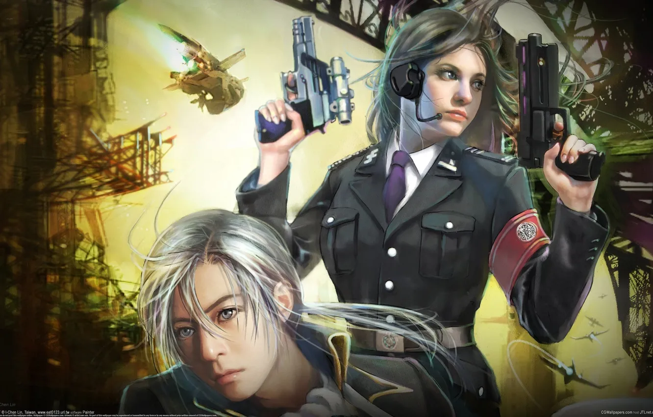 Photo wallpaper girl, weapons, ship, form, girl, guy, I-Chen Lin, space station