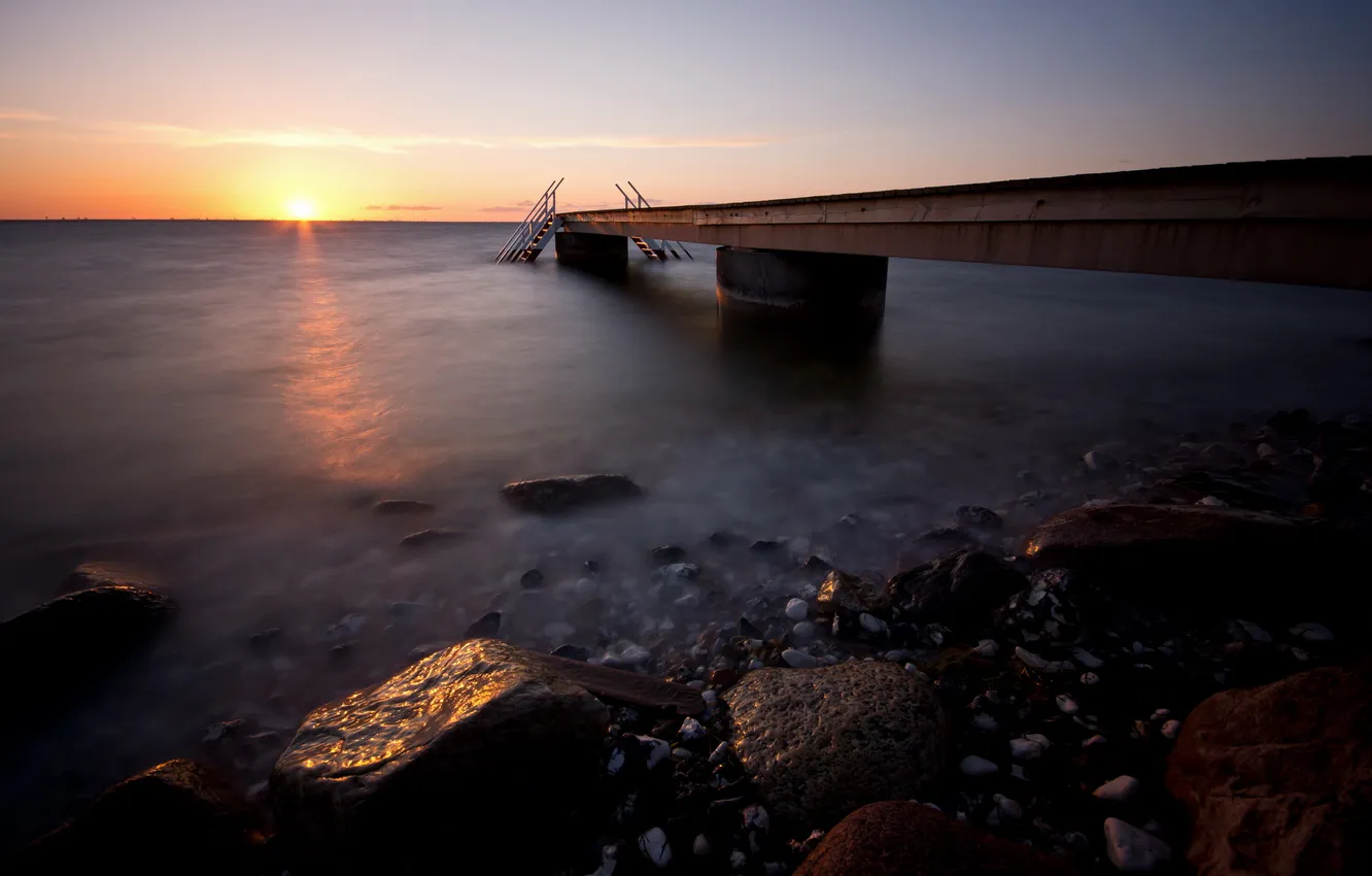 Photo wallpaper sea, sunset, bridge