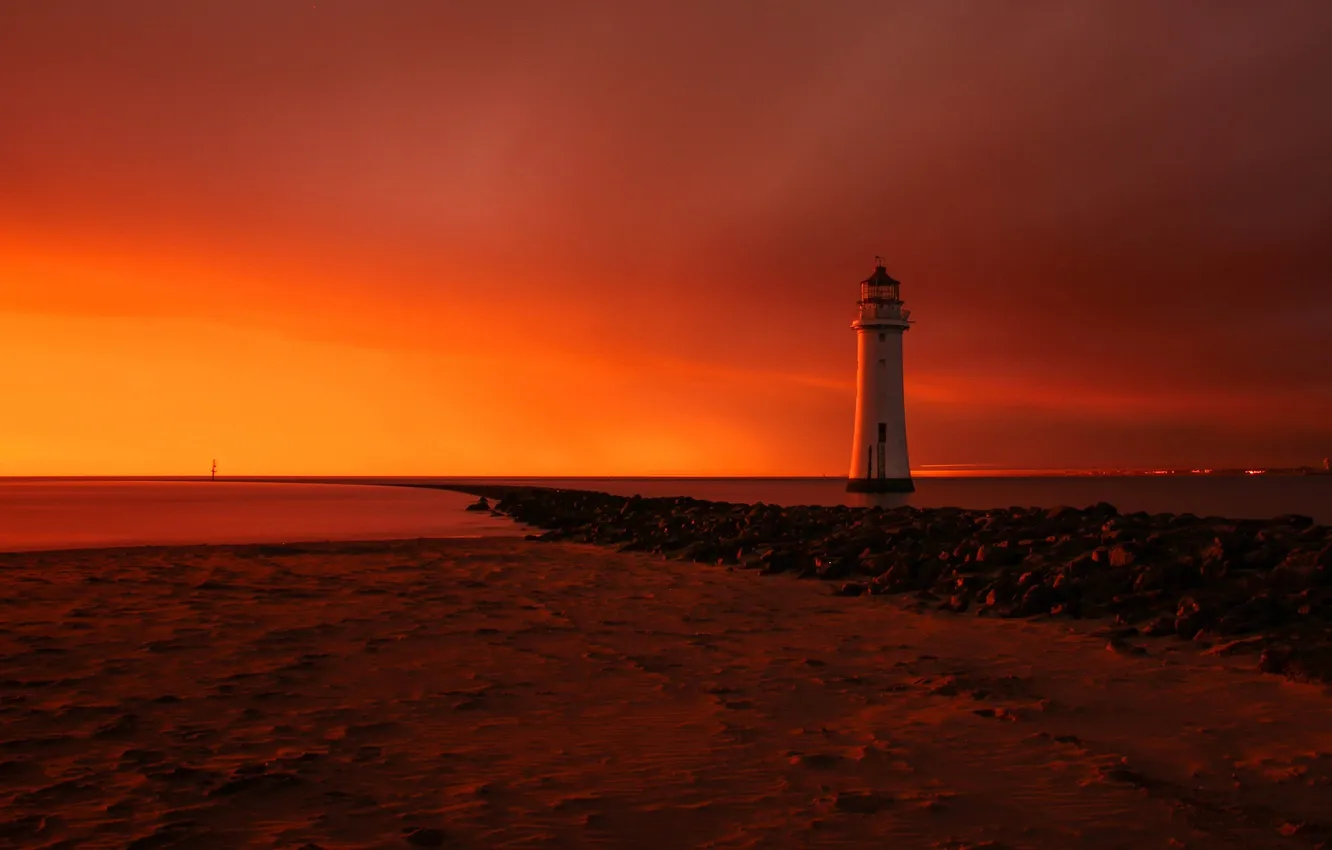 Photo wallpaper sea, the sky, clouds, sunset, lighthouse, tide
