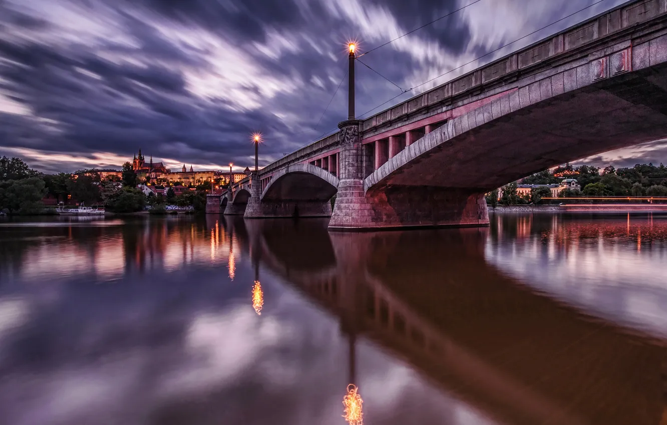 Photo wallpaper the sky, clouds, bridge, lights, river, dawn, Prague