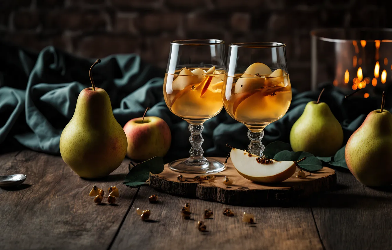 Photo wallpaper glass, wall, wine, apples, Board, graphics, glass, brick