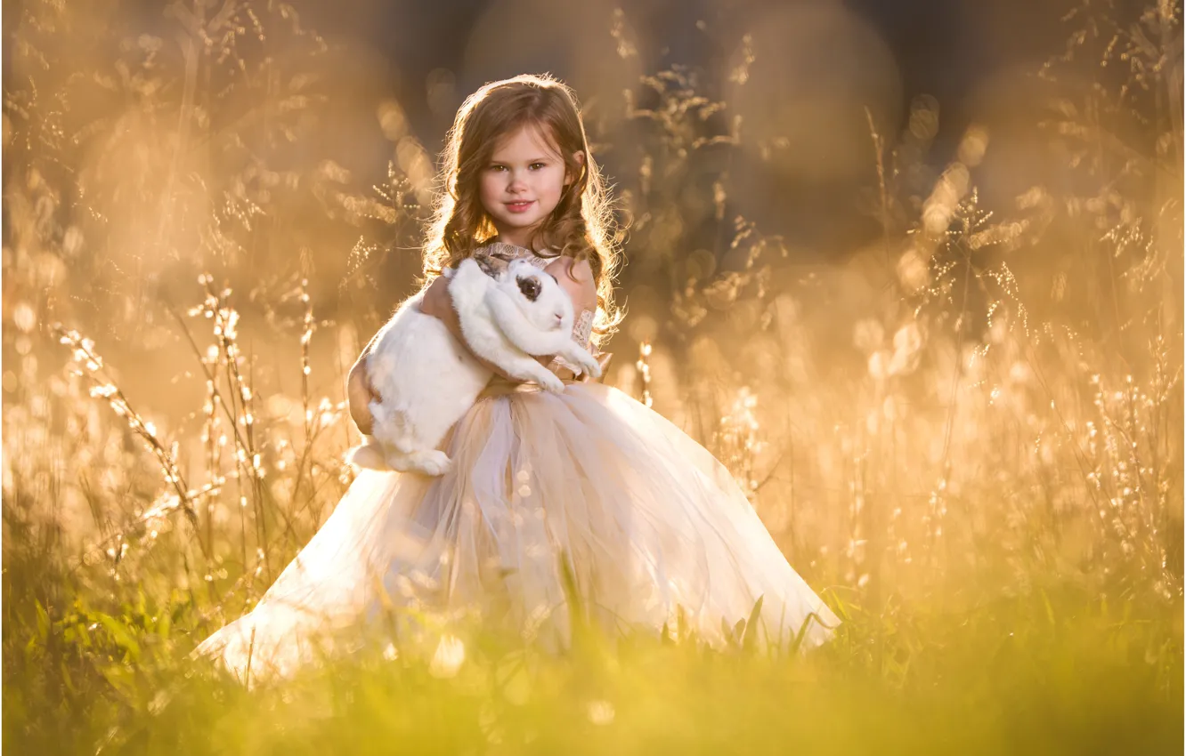 Photo wallpaper grass, mood, rabbit, dress, meadow, girl