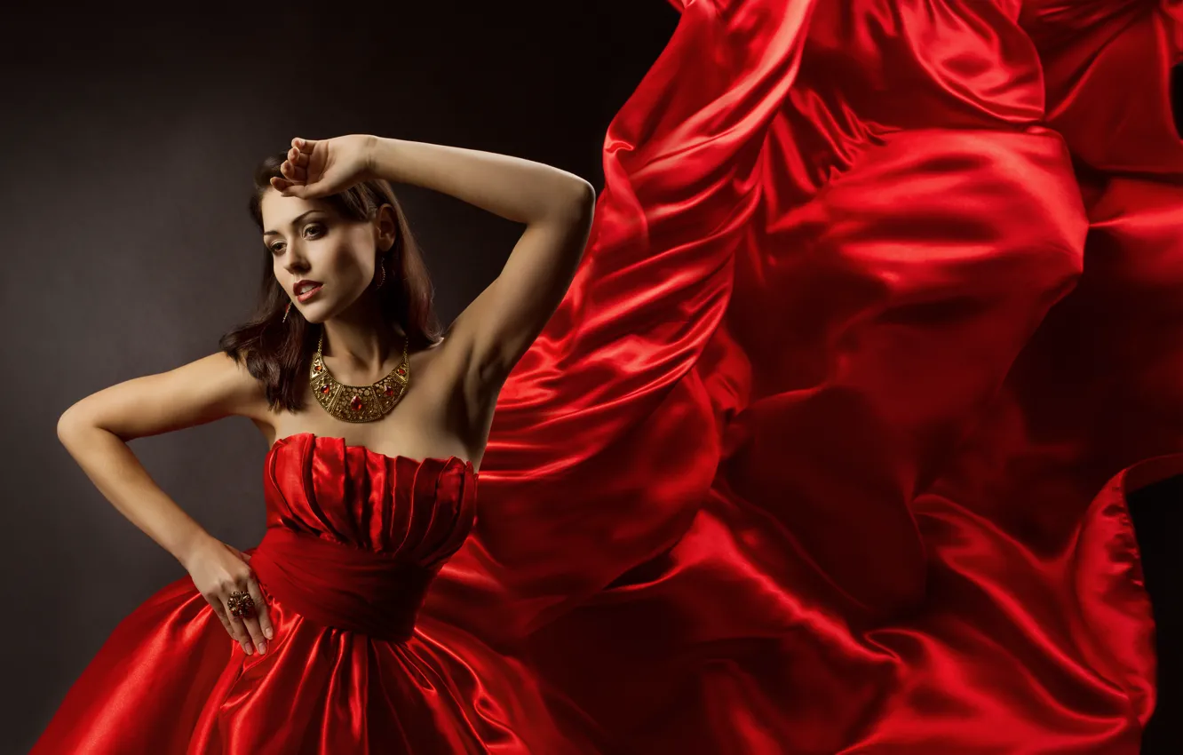 Photo wallpaper face, Girl, hands, red dress