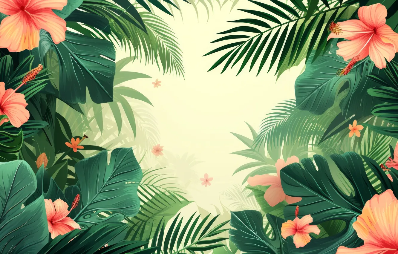 Photo wallpaper leaves, flowers, tropics, texture, frame, Exotic, Tropical Plants, AI art