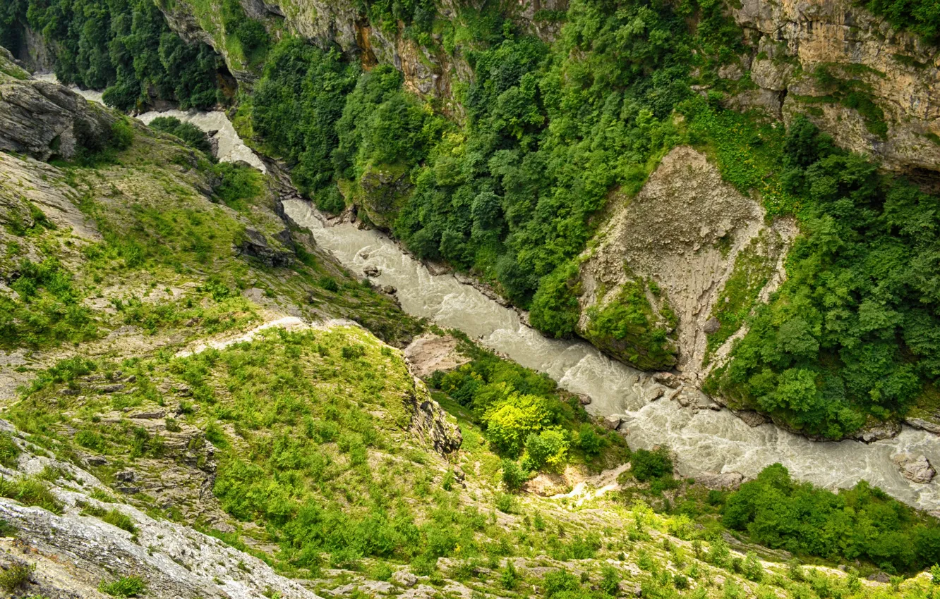 Photo wallpaper mountains, river, the Caucasus