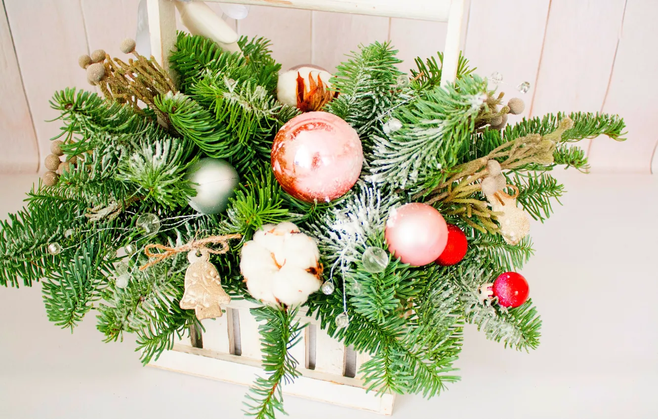Photo wallpaper balls, cotton, decoration, fir-tree branches, Christmas bouquet
