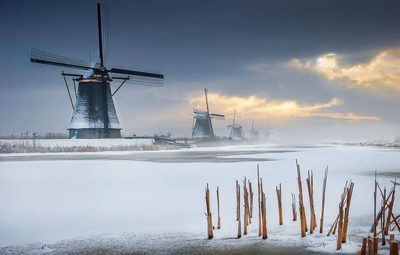 Photo wallpaper Windmills, Holland, water, Netherlands, Kinderdijk