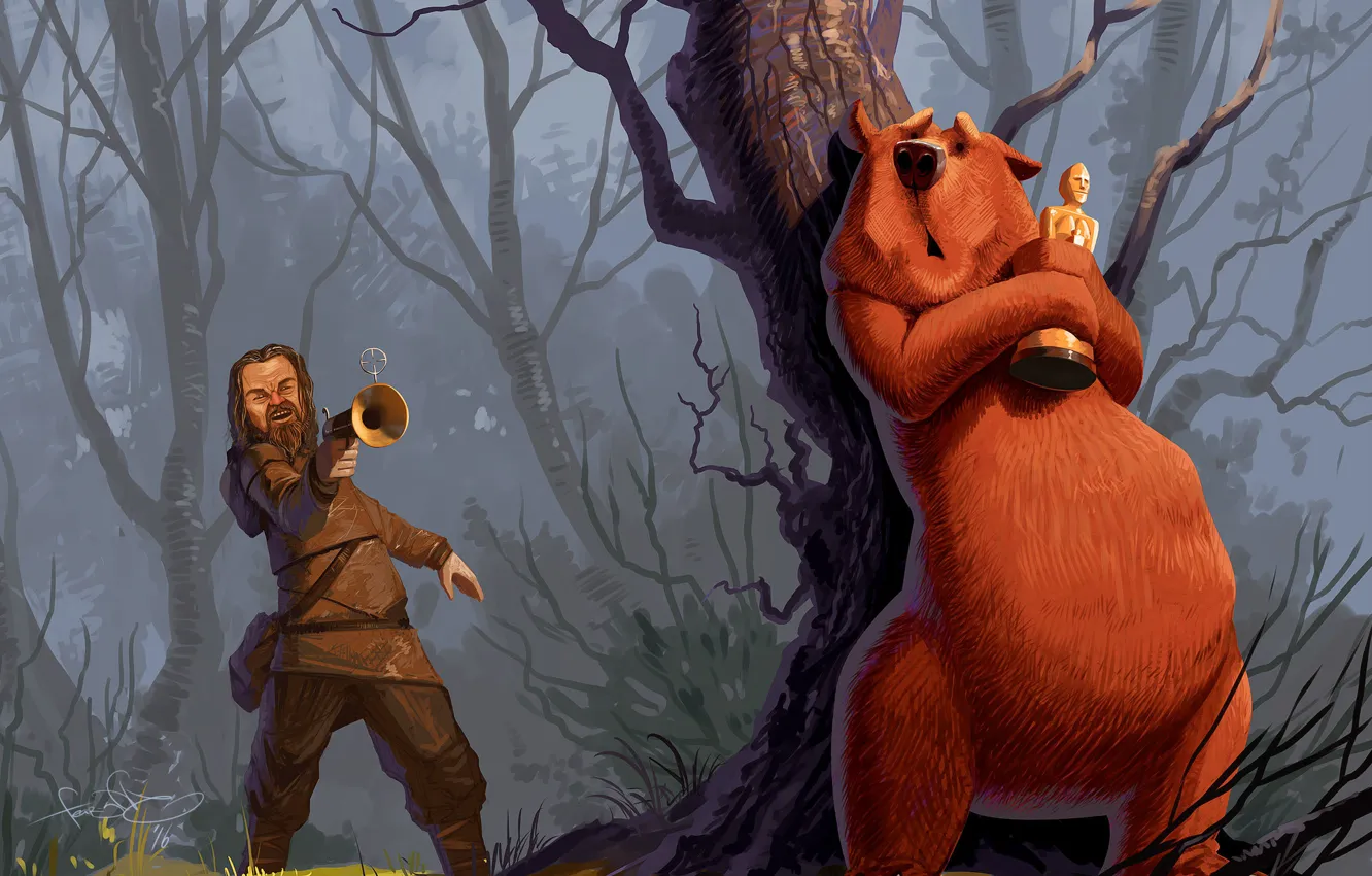 Photo wallpaper bear, art, Oscar, Leonardo DiCaprio, Survivors, The Revenant, Leonardo Wilhelm DiCaprio, Sergey Svistunov
