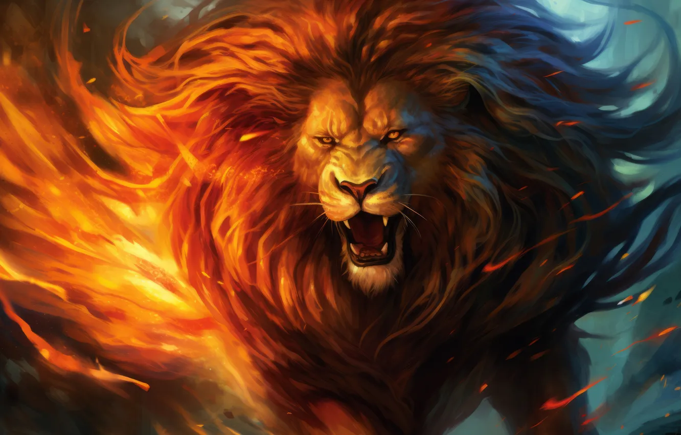 Photo wallpaper face, lights, predator, Leo, mane, grin, big cat, digital art