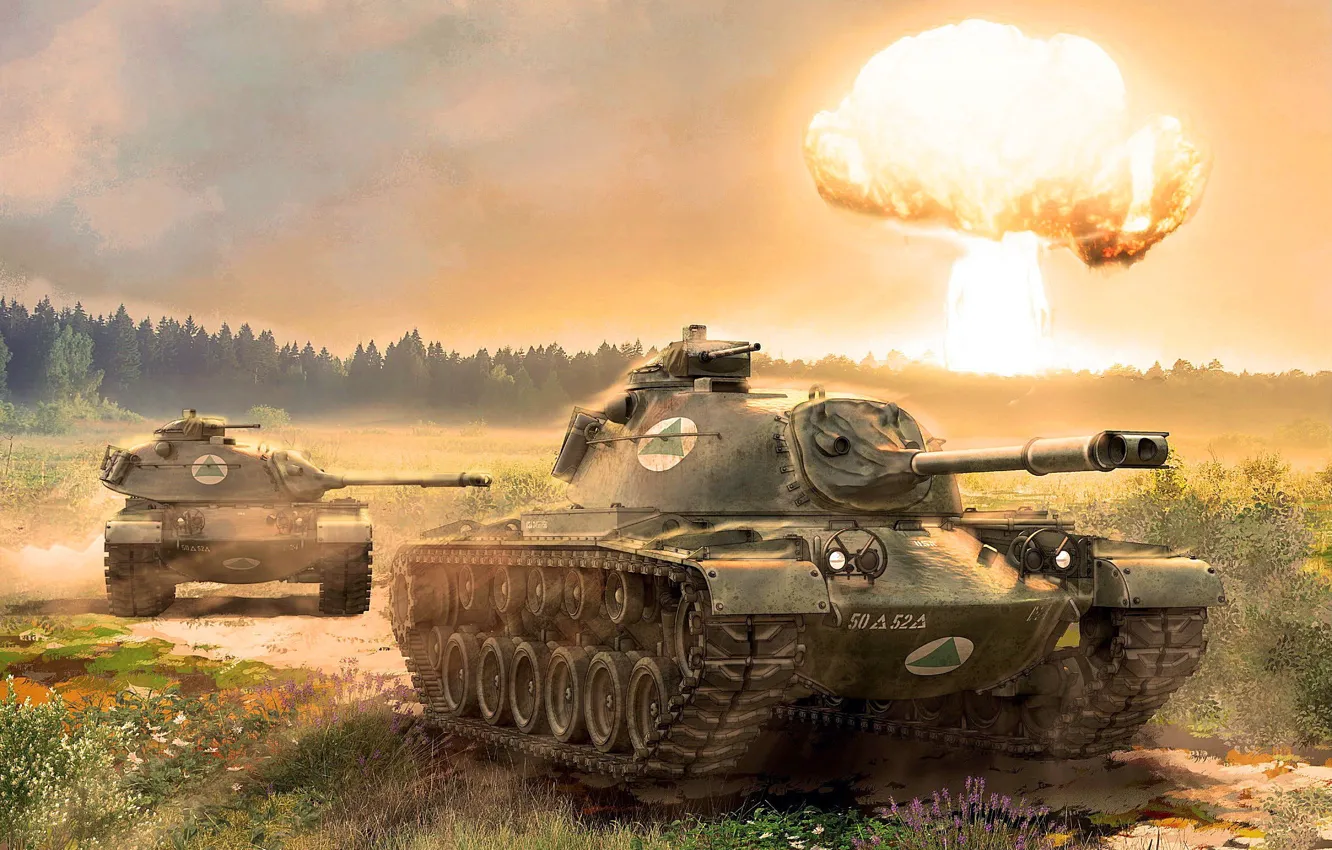 Photo wallpaper USA, Art, Tanks, A nuclear explosion, M48 Patton, American