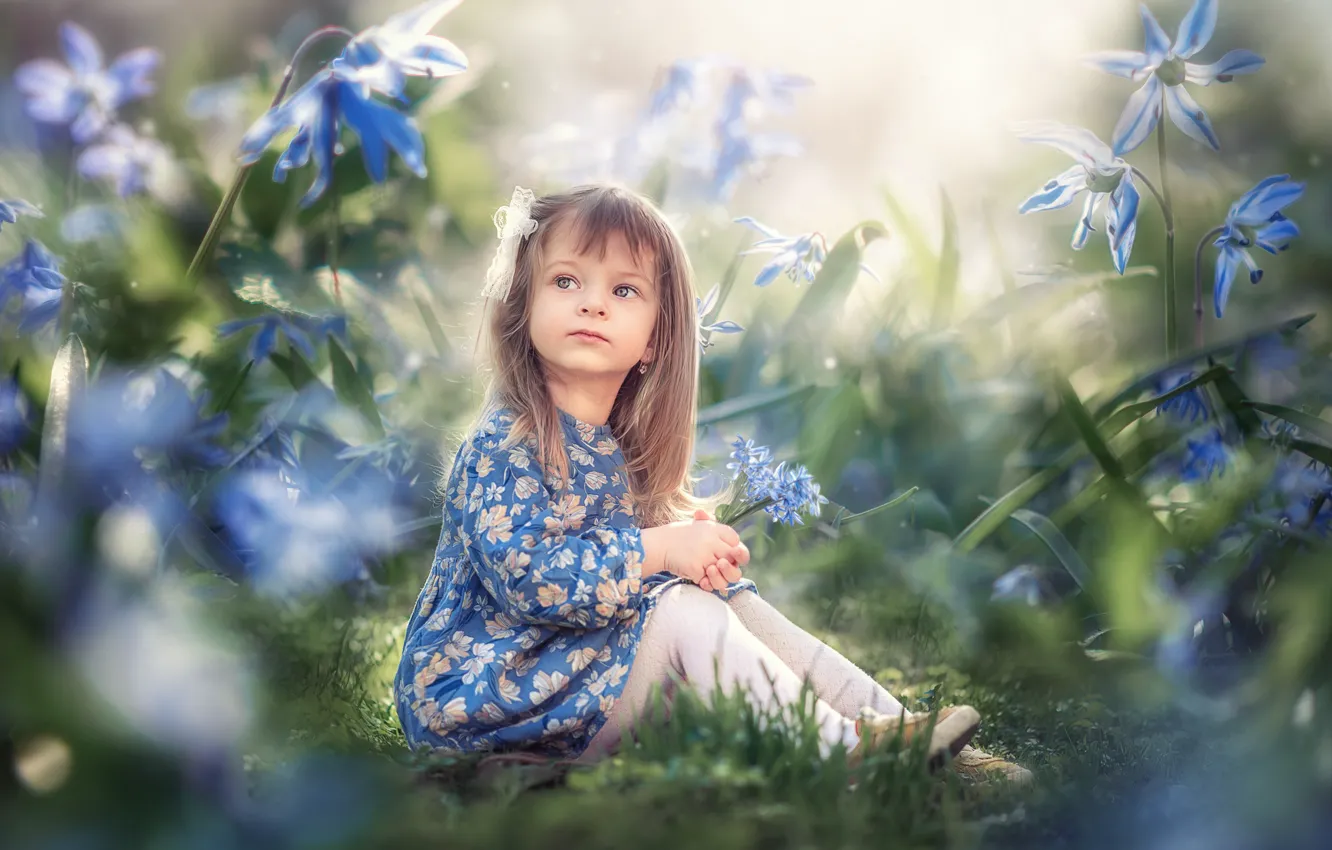 Photo wallpaper look, flowers, nature, children, girl, baby, bokeh, Martha the Goat