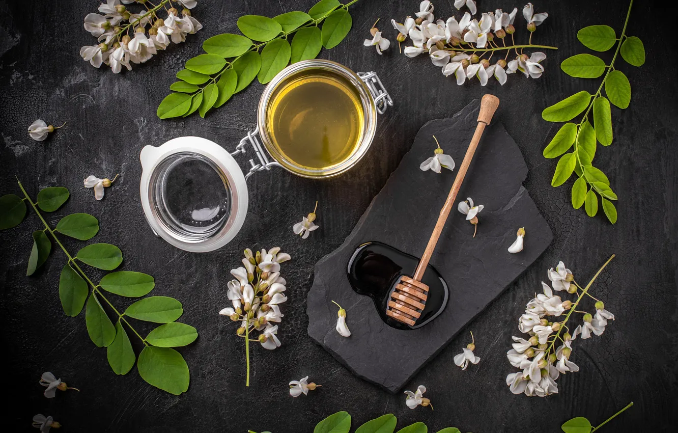 Photo wallpaper leaves, flowers, the dark background, stone, spoon, Bank, honey, acacia