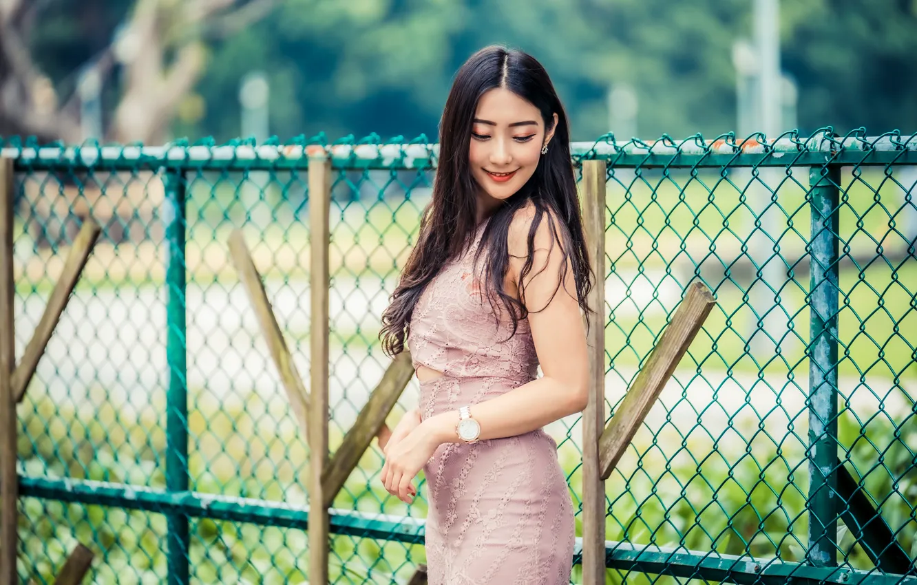 Photo wallpaper pose, model, the fence, portrait, makeup, dress, brunette, hairstyle