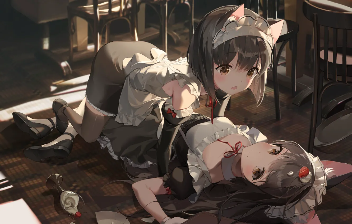 Photo wallpaper cat, girl, Nagato, mutsu, Azur Lane, maid's uniform