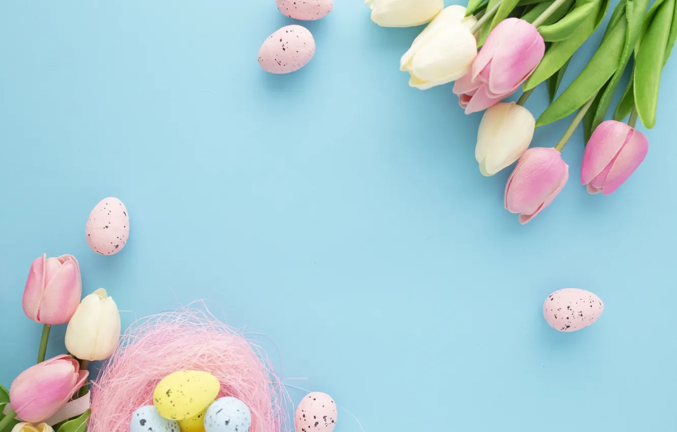 Photo wallpaper leaves, flowers, yellow, holiday, eggs, bouquet, spring, Easter