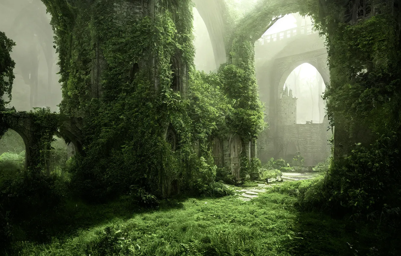 Photo wallpaper greens, summer, light, landscape, nature, fog, castle, thickets