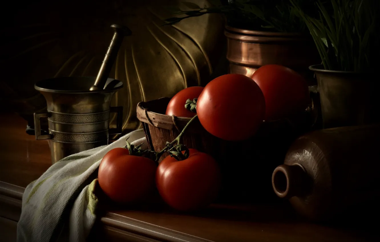 Photo wallpaper metal, the dark background, table, towel, dishes, still life, vegetables, tomatoes