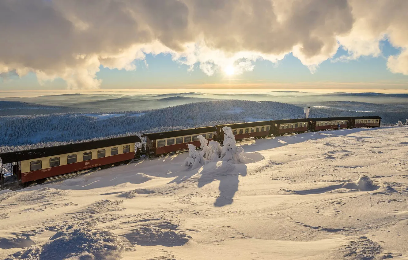 Photo wallpaper winter, snow, train, Germany, the car, Saxony-Anhalt