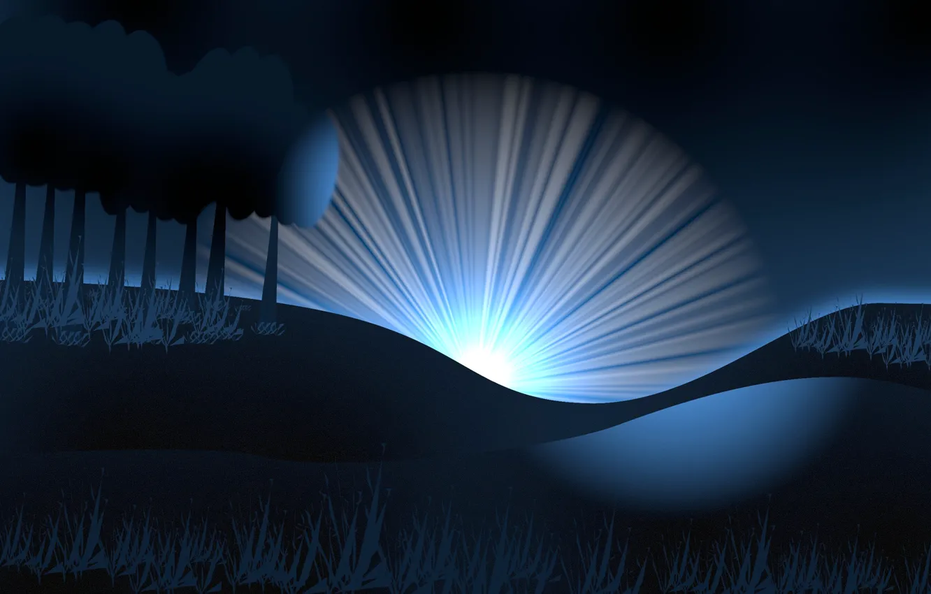 Photo wallpaper the sun, rays, trees, nature, hills