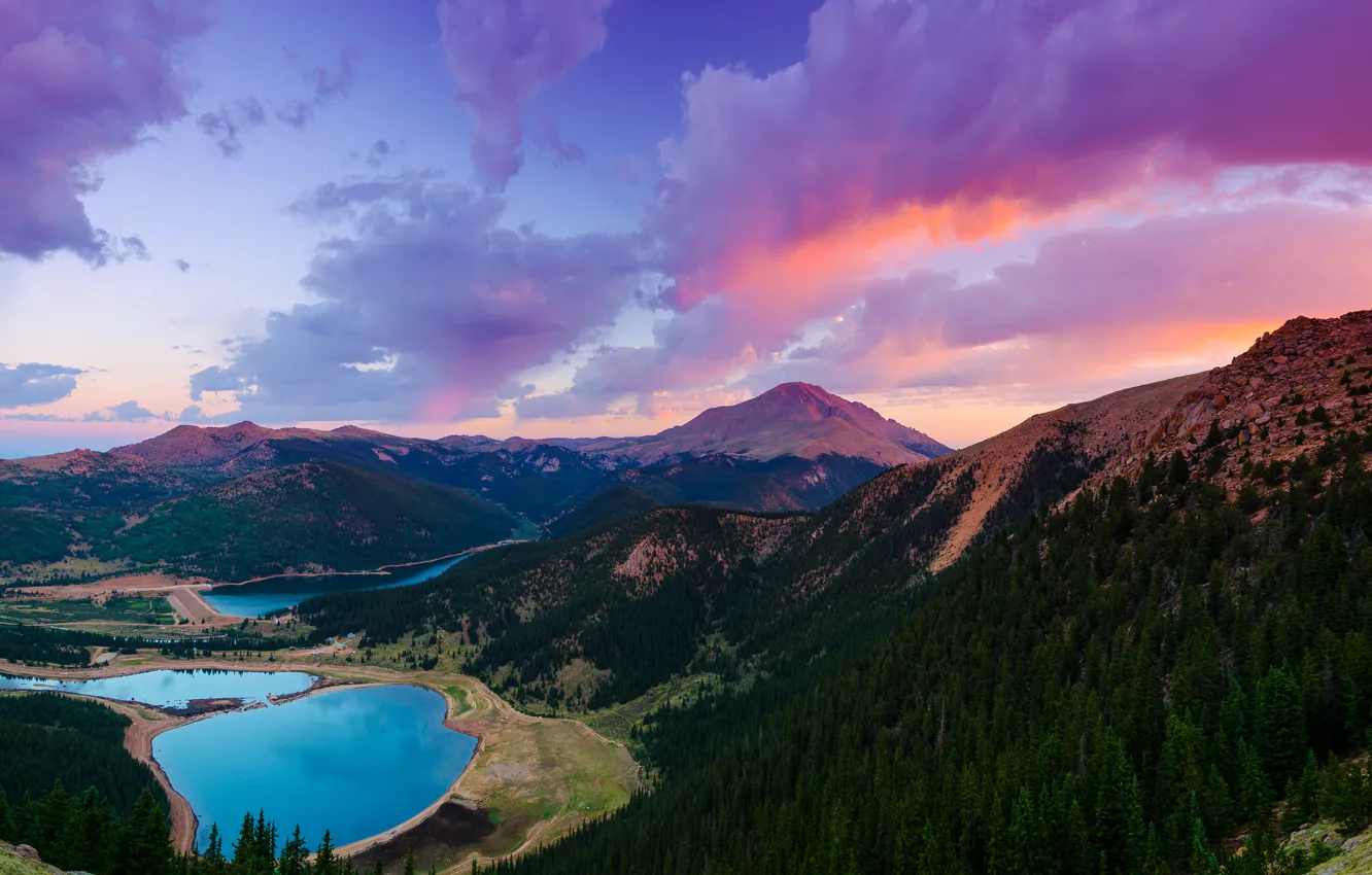 Photo wallpaper forest, the sky, clouds, sunset, lake, USA, Colorado, pikes Peak