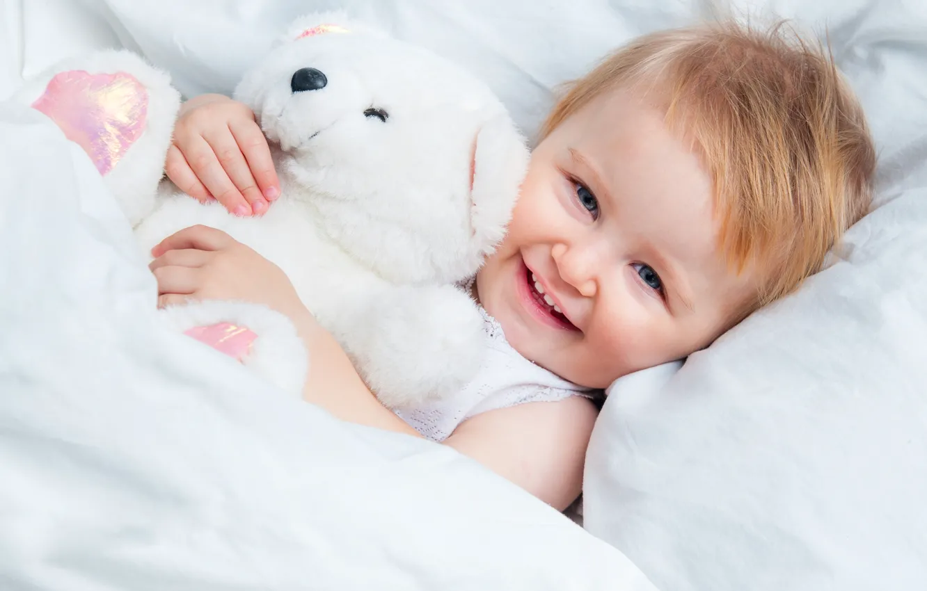Photo wallpaper smile, toy, child, baby, bear, girl, bear, Teddy bear