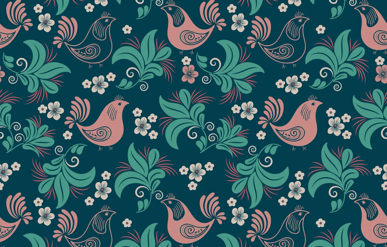 Photo wallpaper flowers, pattern, texture, birds, black background