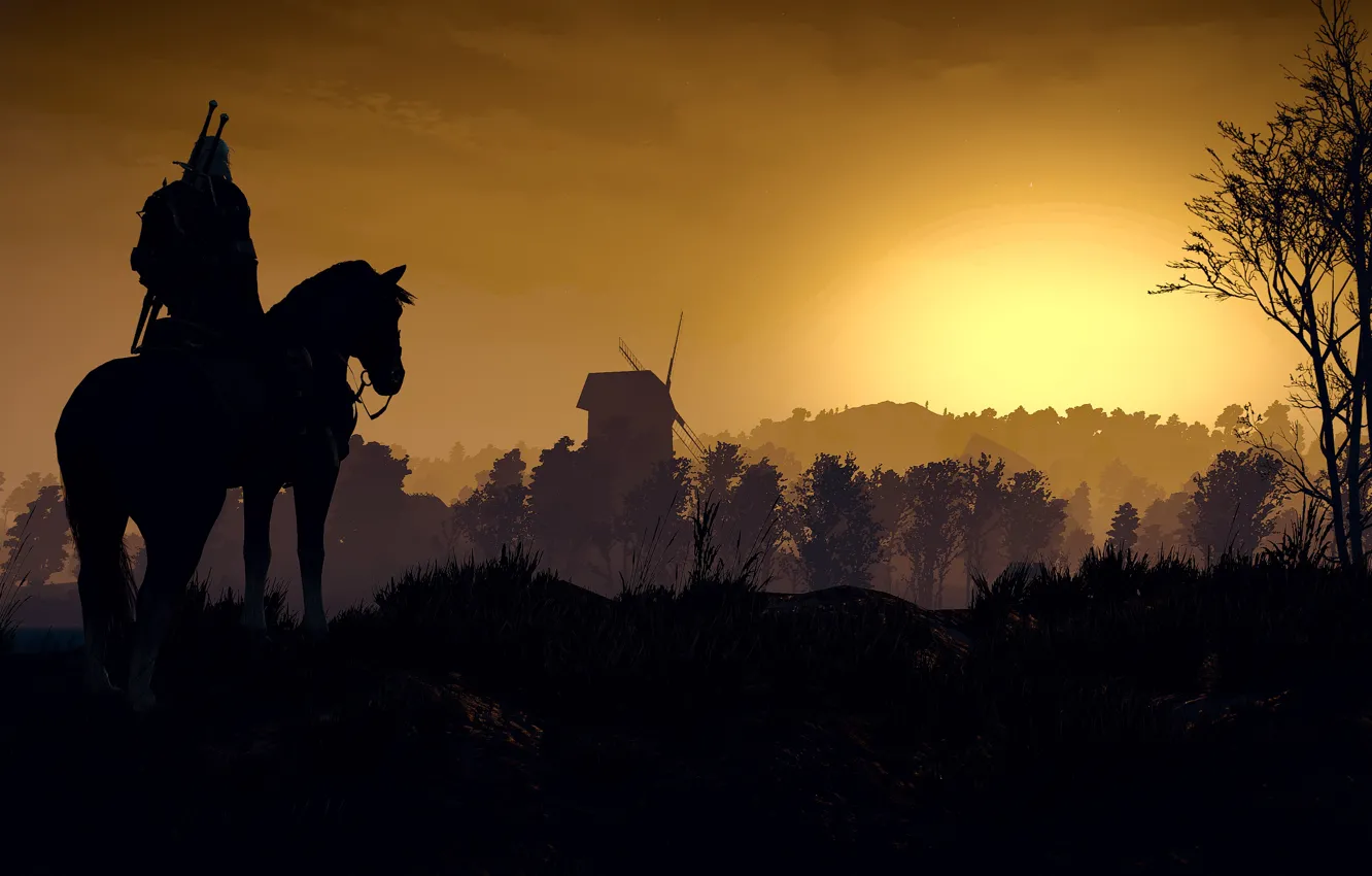 Photo wallpaper sunset, mill, The Witcher, Geralt, The Witcher 3: Wild Hunt, Roach