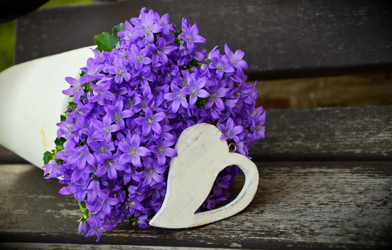 Photo wallpaper purple, flowers, tree, bouquet, pot, heart