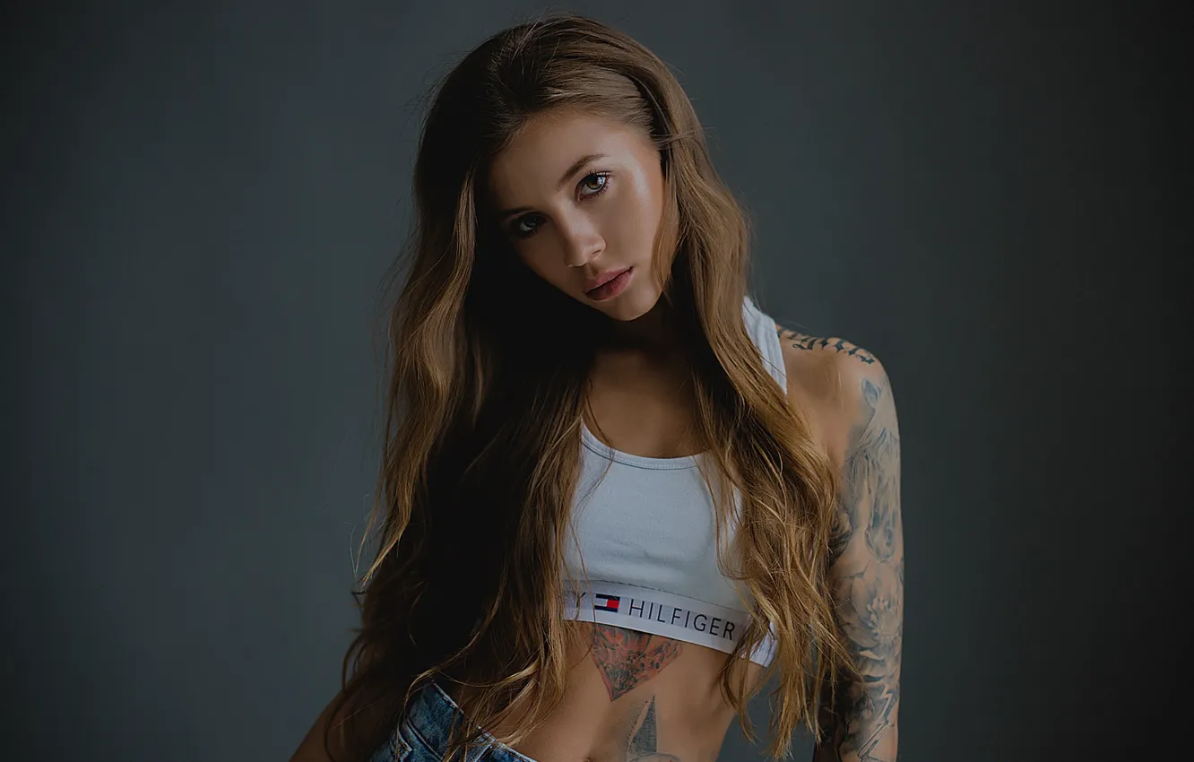 Photo wallpaper look, girl, pose, background, portrait, tattoo, topic, long hair
