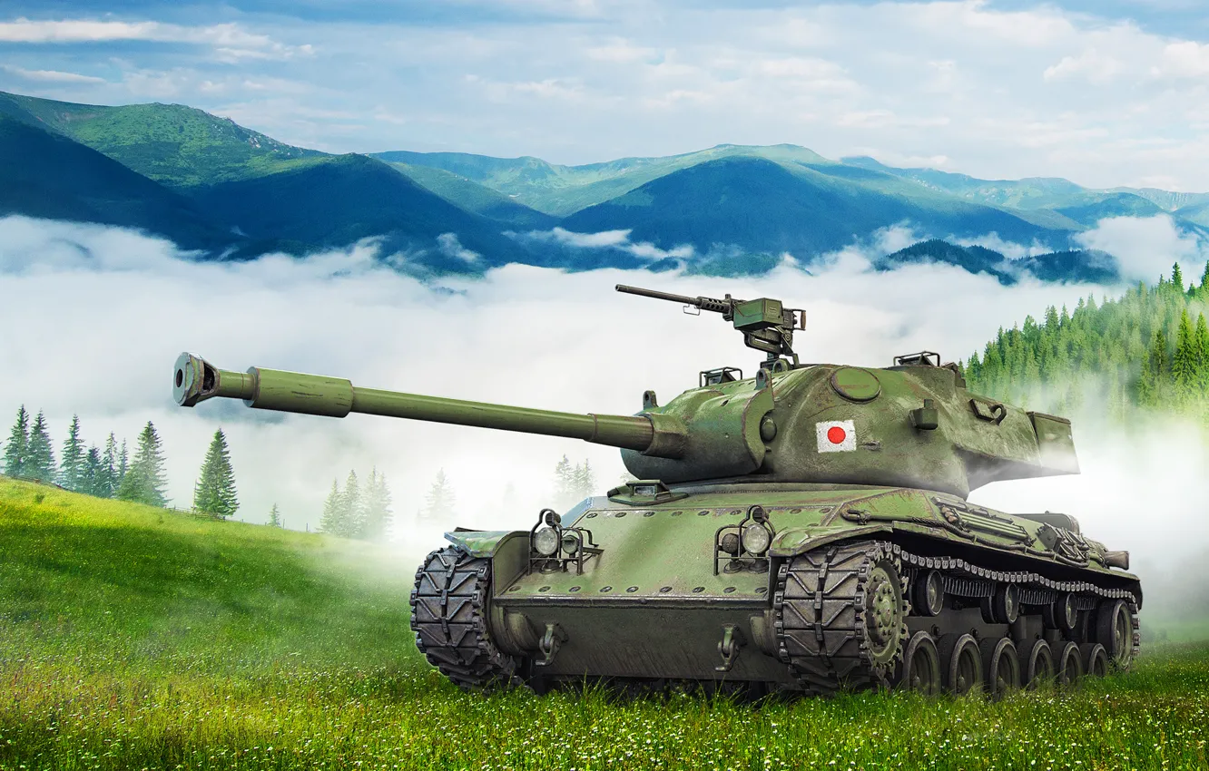 Photo wallpaper forest, grass, clouds, trees, landscape, mountains, fog, slope