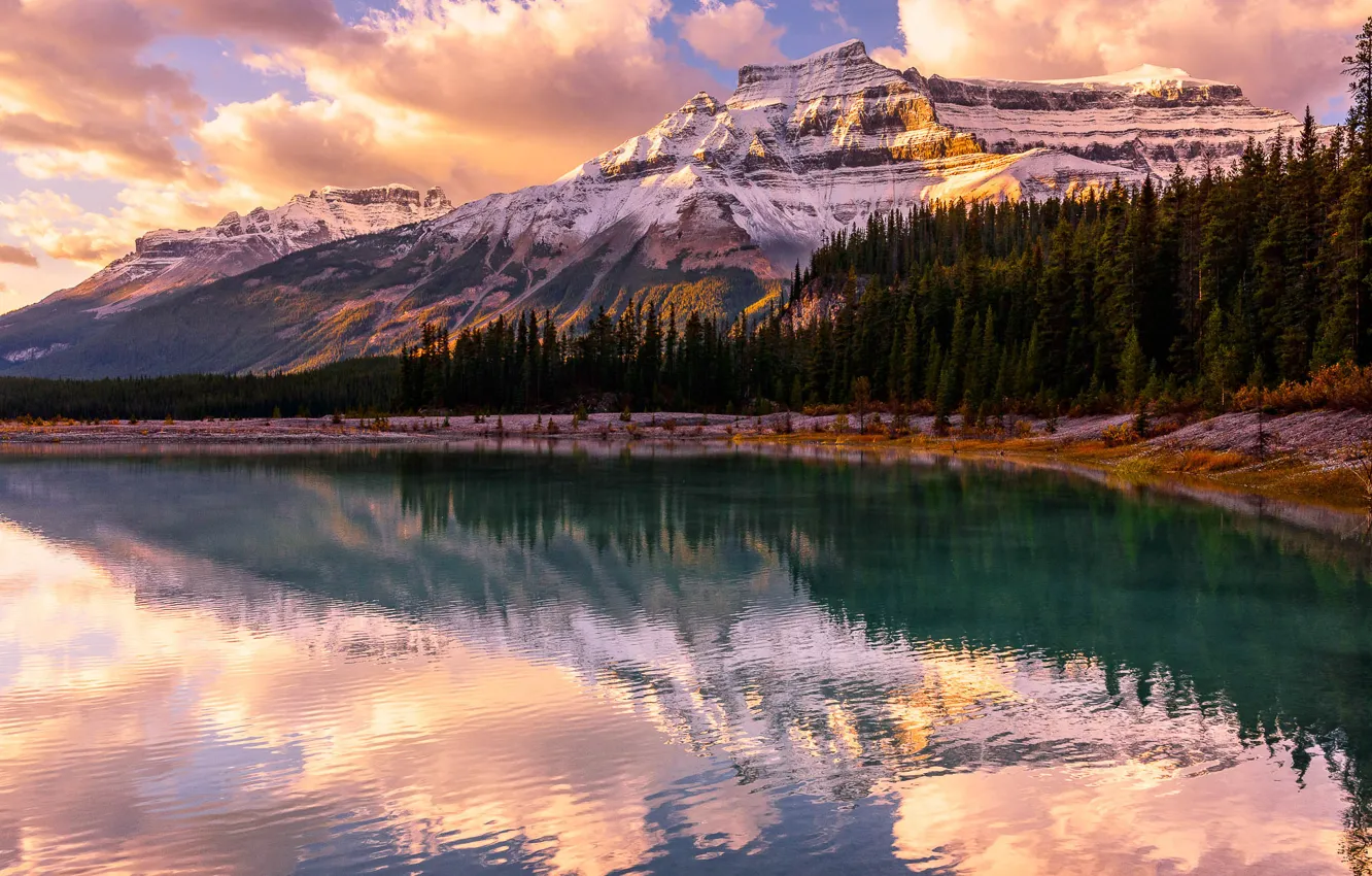 Photo wallpaper forest, sunset, mountains, lake, Banff National Park, Alberta, Canada