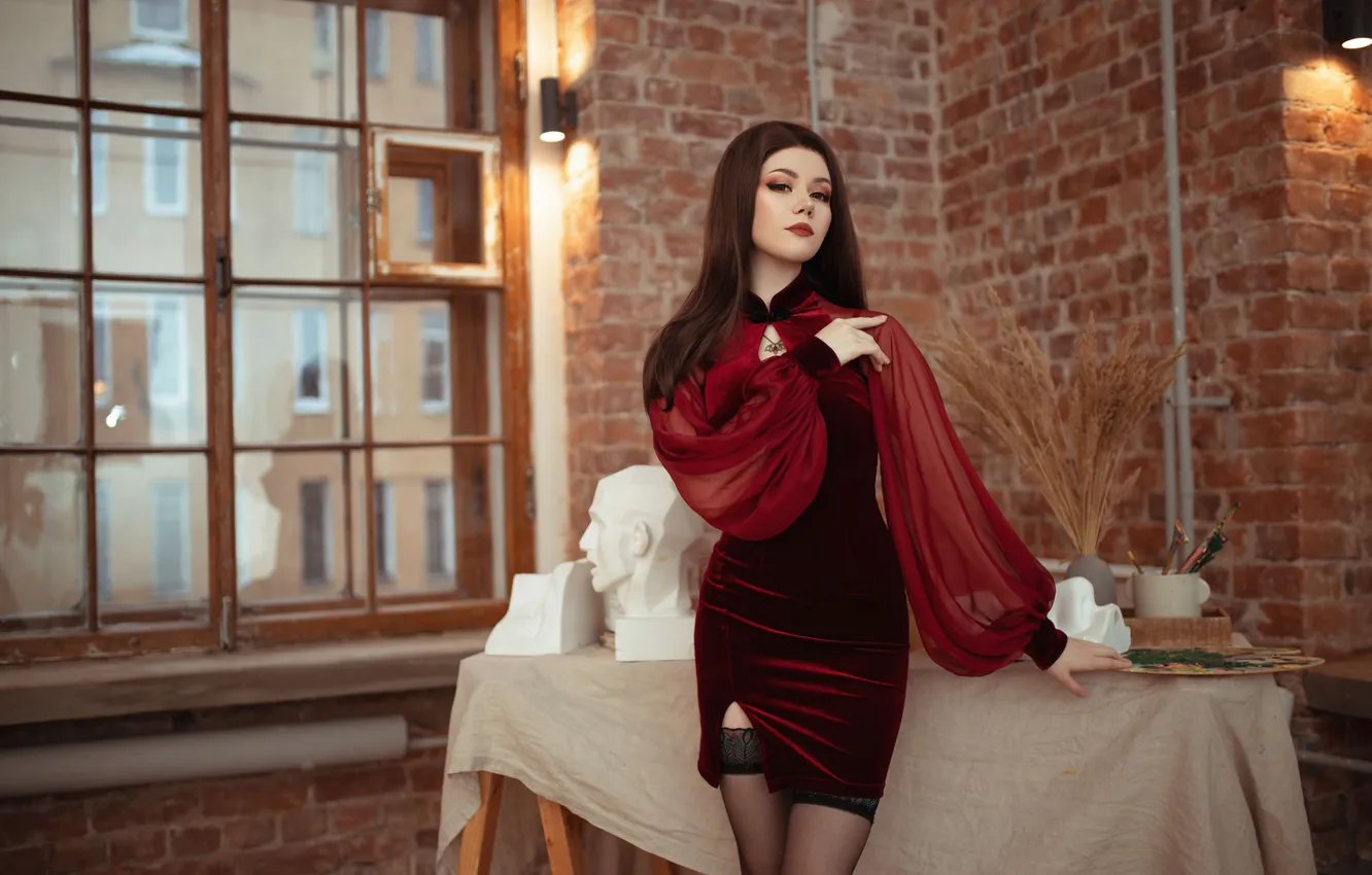 Photo wallpaper look, stockings, dress, legs, long hair, long hair, dress, eyes