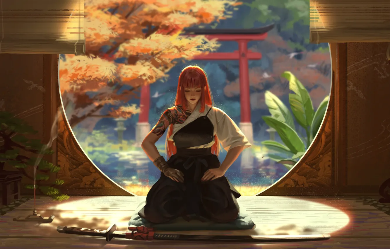 Photo wallpaper pond, katana, Japan, meditation, tattoo, red, bonsai, Japanese clothing