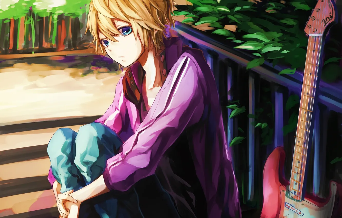 Photo wallpaper look, Park, guitar, ladder, railings, guy, vocaloid, Vocaloid