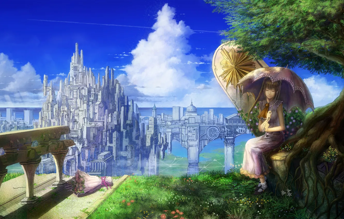 Photo wallpaper girl, trees, the city, bouquet, umbrella, art, tomok1