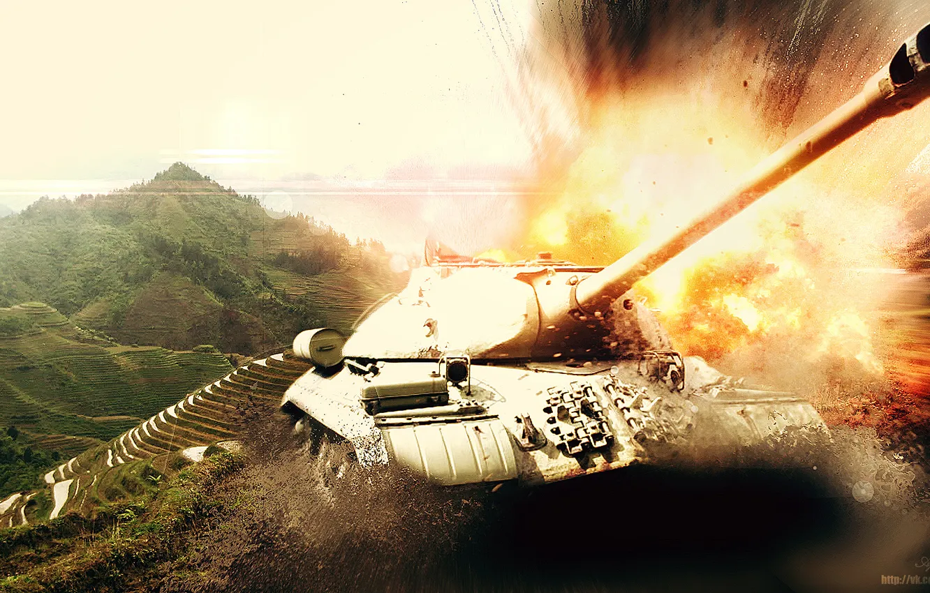Photo wallpaper mountains, the explosion, fire, art, tank, USSR, tanks, WoT