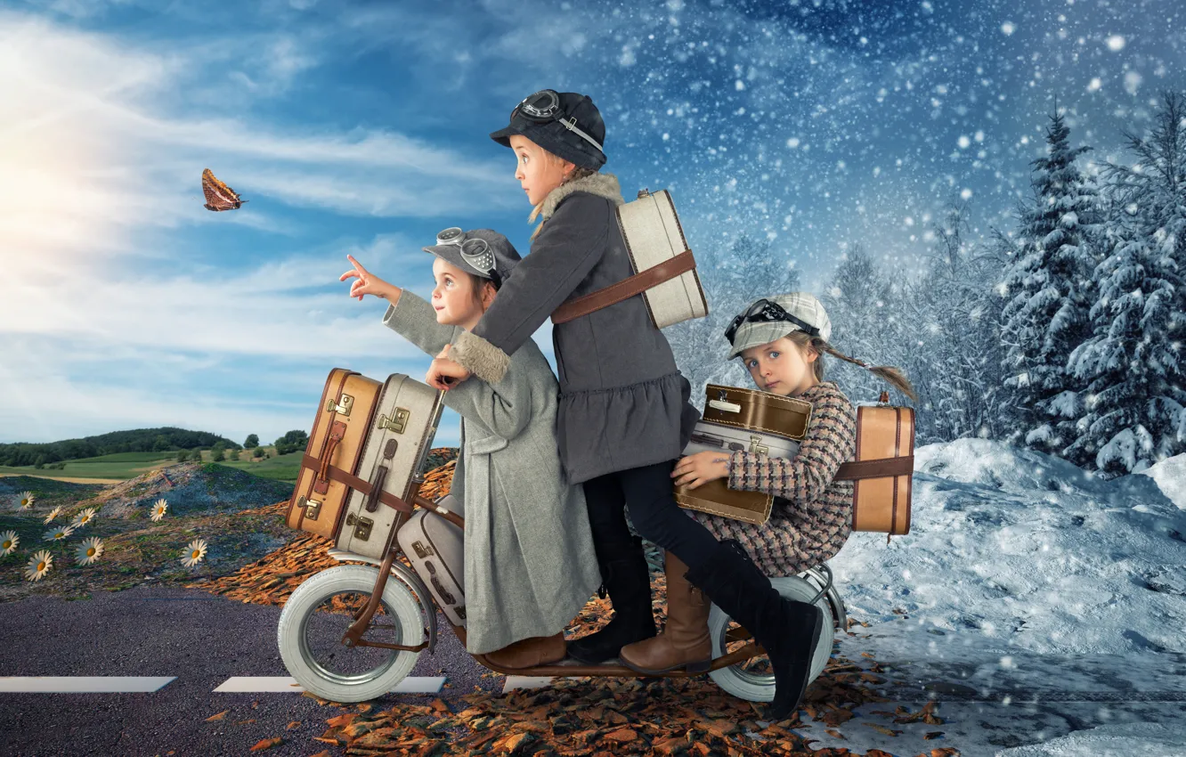 Photo wallpaper winter, road, autumn, snow, children, butterfly, foliage, girl