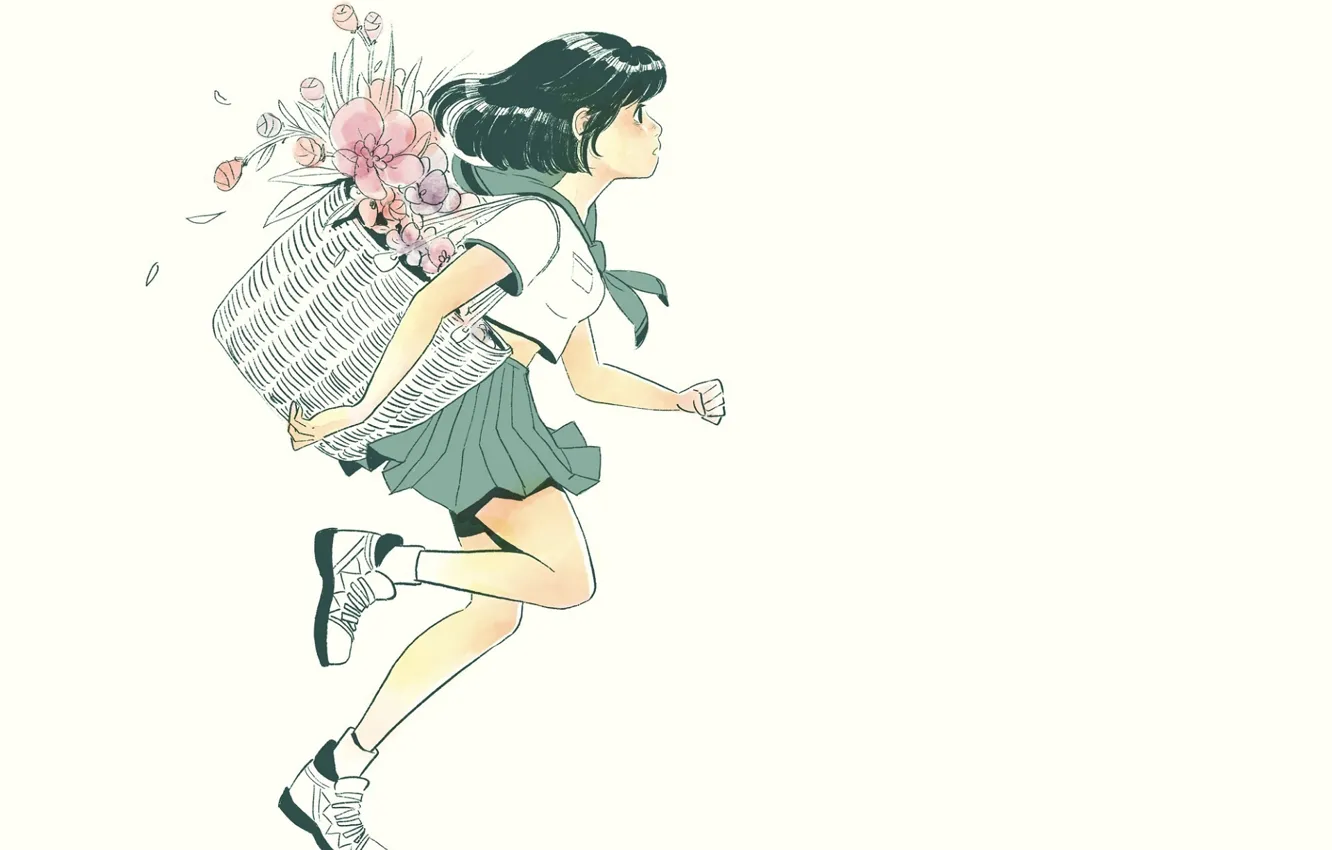 Photo wallpaper flowers, basket, shoes, girl, white background, schoolgirl, runs, sailor