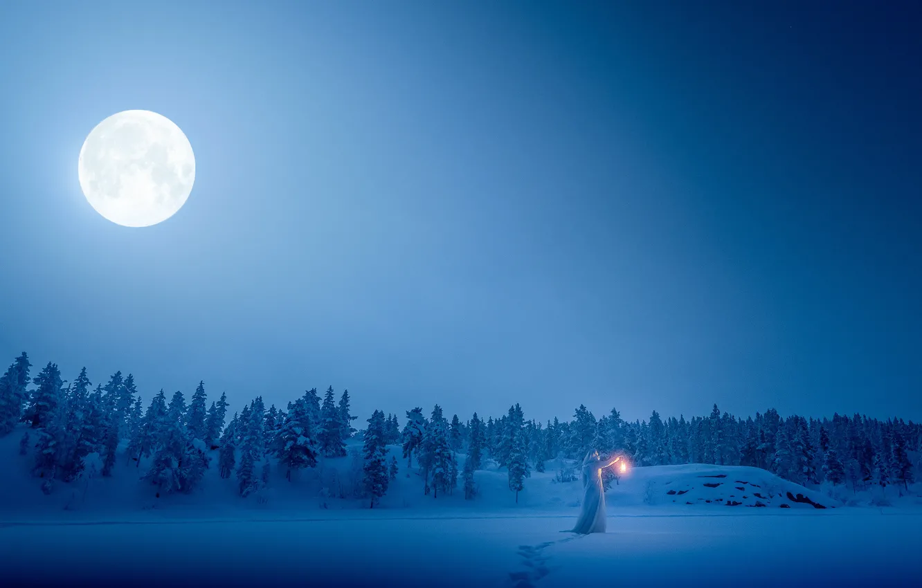 Photo wallpaper winter, forest, girl, snow, traces, the moon, lantern, white robe