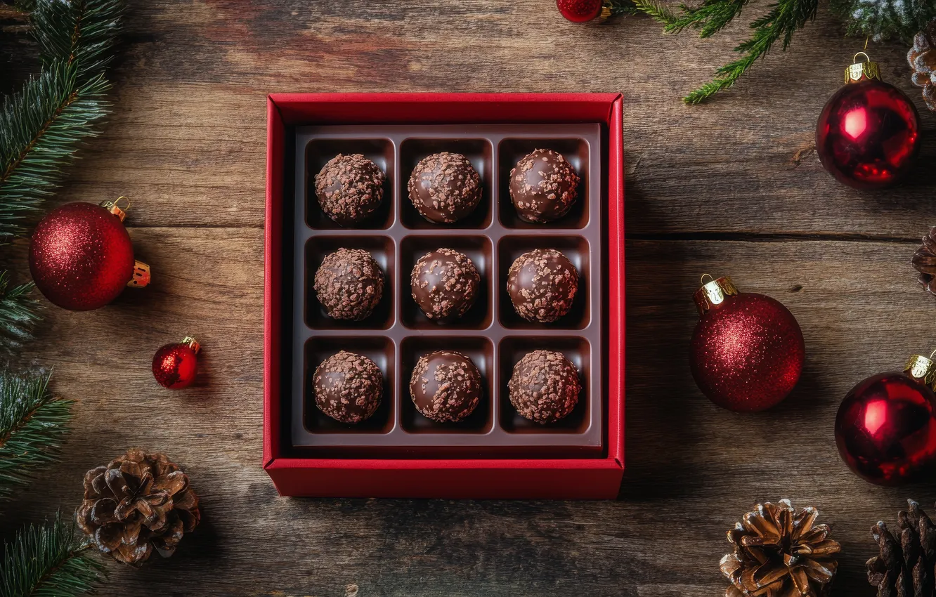 Photo wallpaper balls, red, box, Board, new year, Christmas, candy, needles