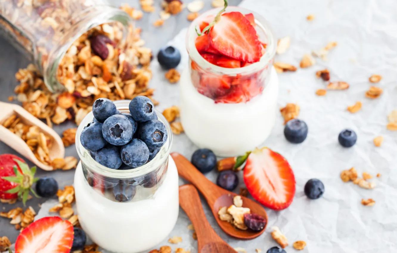 Photo wallpaper berries, blueberries, strawberry, muesli, yogurt