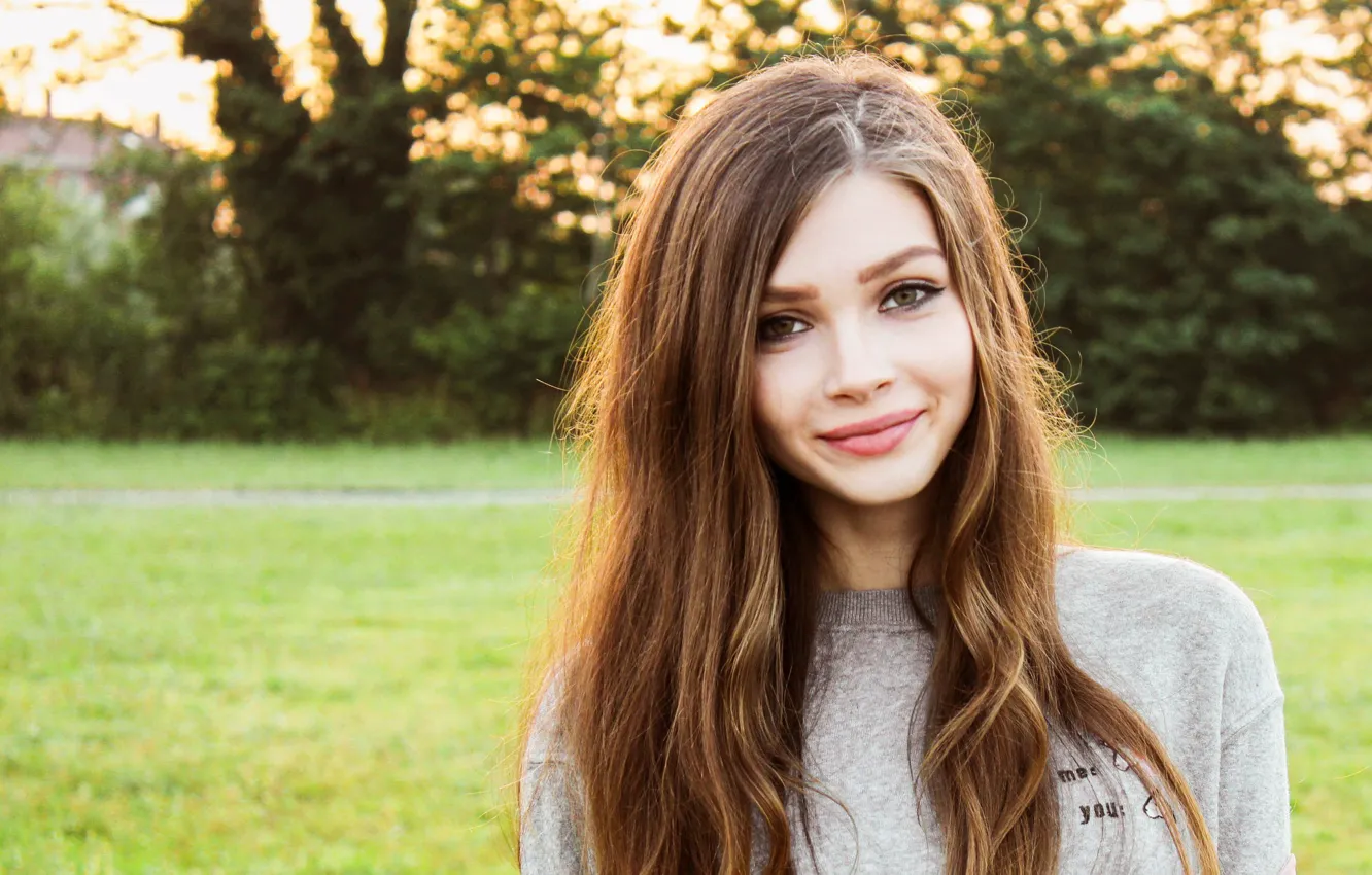 Photo wallpaper look, girl, nature, face, smile, sweetheart, hair, brown hair